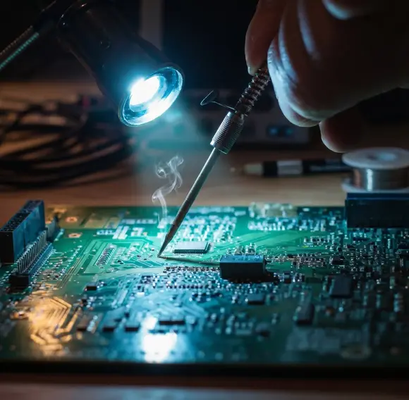 Electronics board repair and soldering at the Telescope workshop in Tartu.